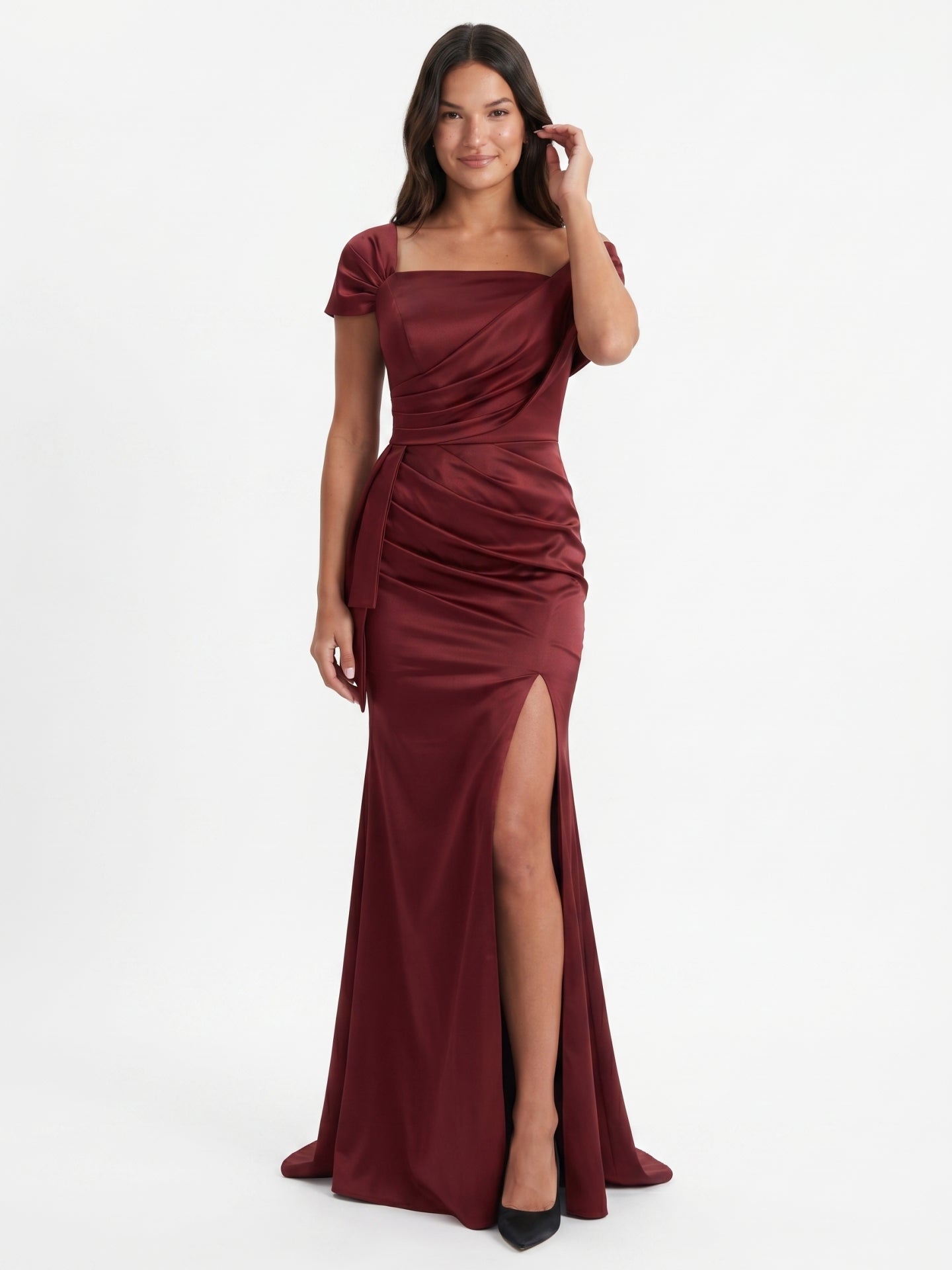 Caberne Satin Mermaid One Shoulder Back Zip Floor-Length Bridesmaid Dress with Pleats