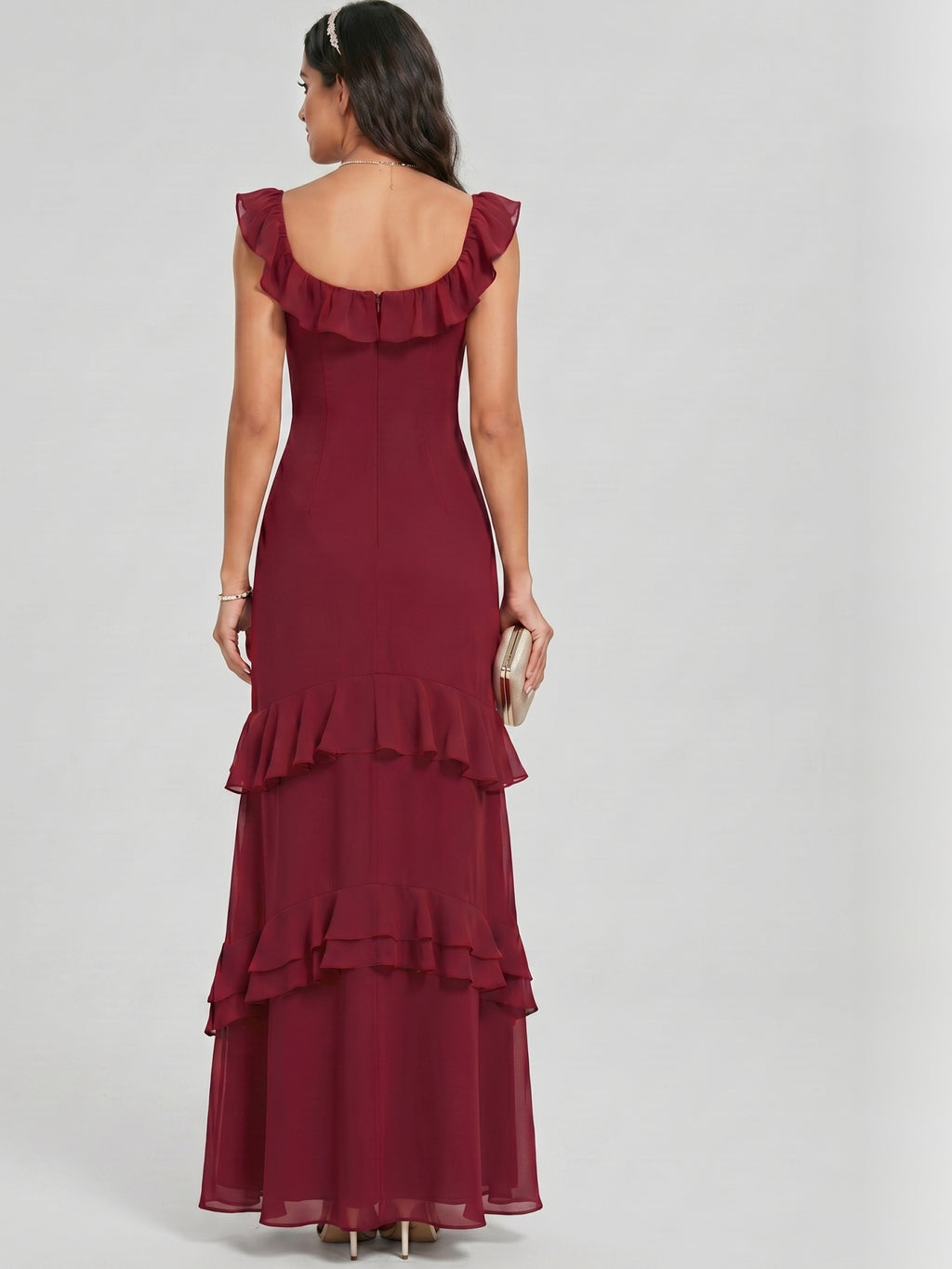 Elegant Cabernet Chiffon mermaid Square Neck Ankle-Length Bridesmaid Dress