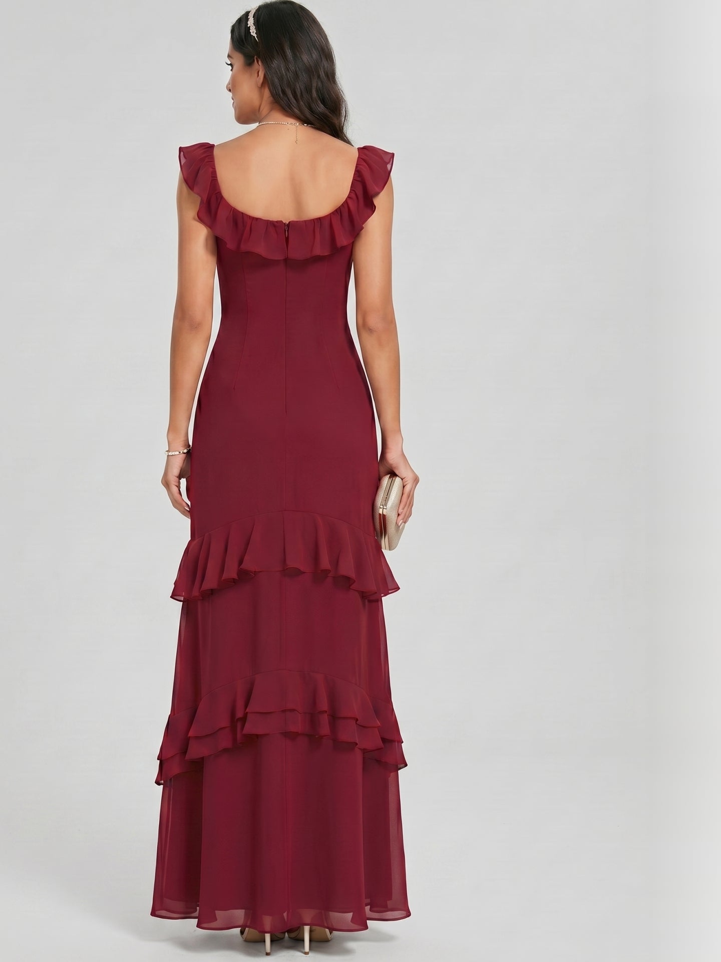 Elegant Cabernet Chiffon mermaid Square Neck Ankle-Length Bridesmaid Dress