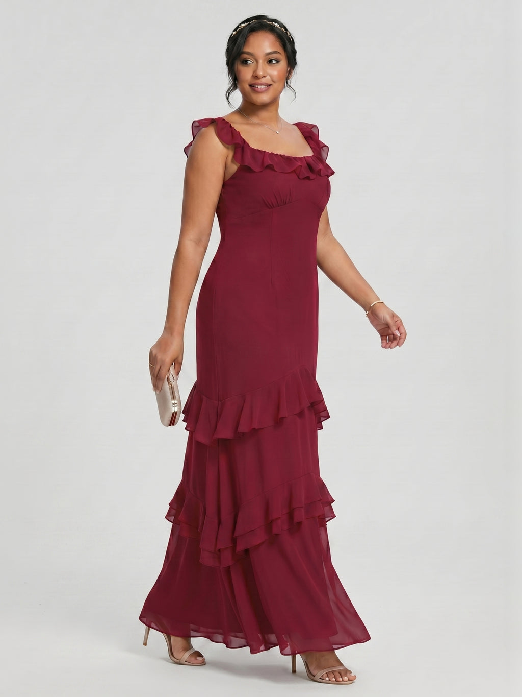 Elegant Cabernet Chiffon mermaid Square Neck Ankle-Length Bridesmaid Dress