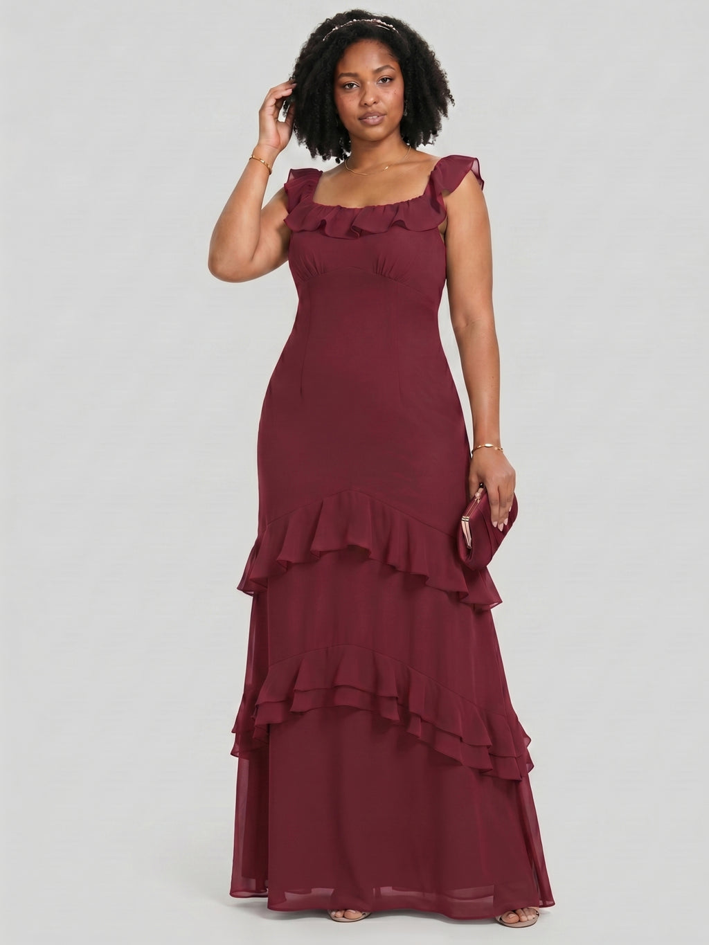 Elegant Cabernet Chiffon mermaid Square Neck Ankle-Length Bridesmaid Dress