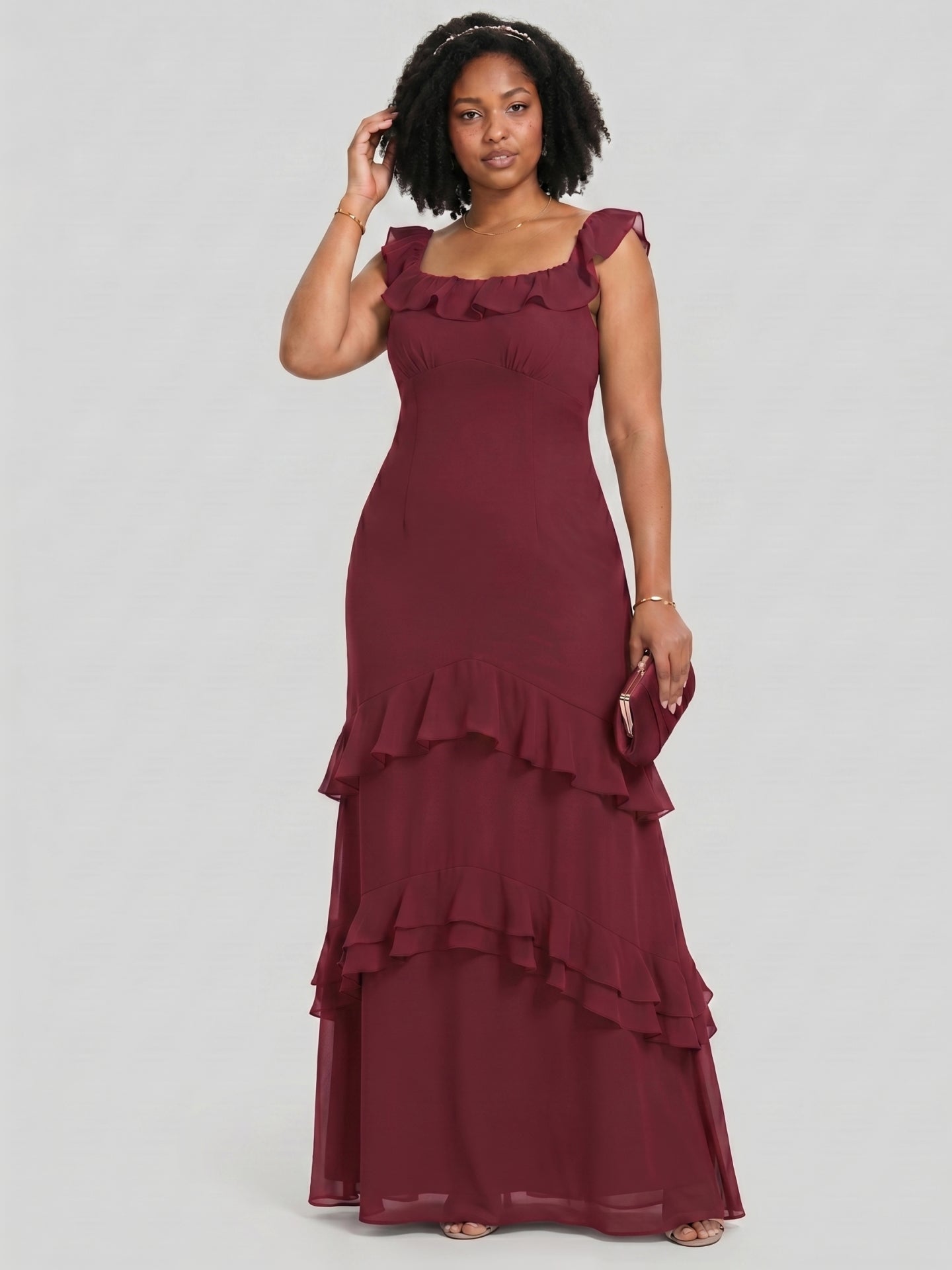Elegant Cabernet Chiffon mermaid Square Neck Ankle-Length Bridesmaid Dress