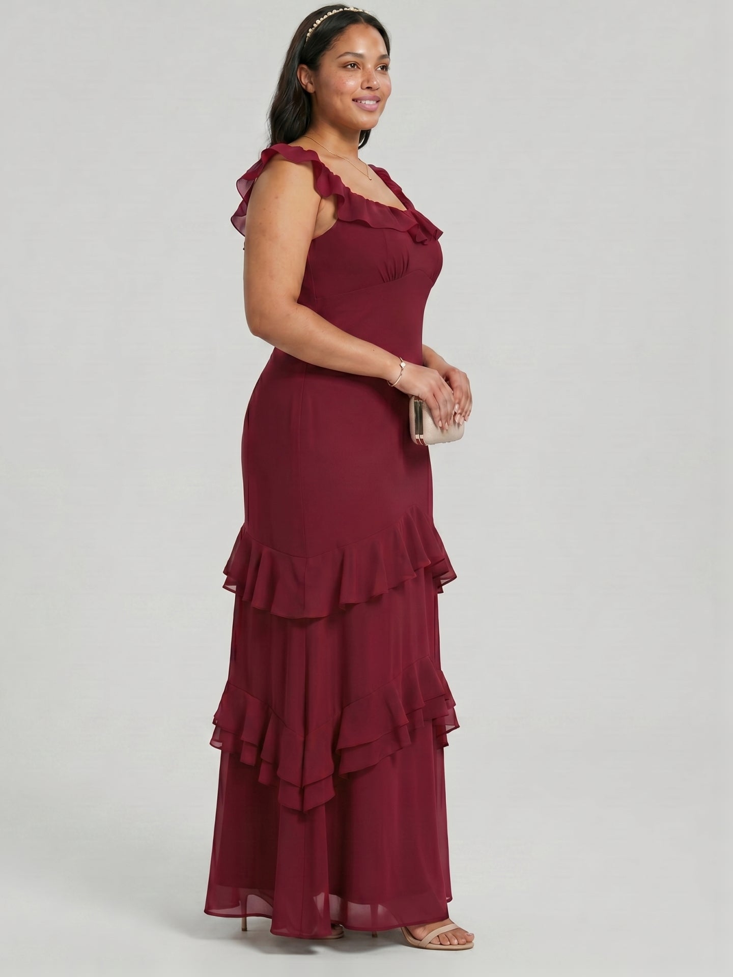 Elegant Cabernet Chiffon mermaid Square Neck Ankle-Length Bridesmaid Dress