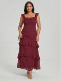 Elegant Cabernet Chiffon mermaid Square Neck Ankle-Length Bridesmaid Dress