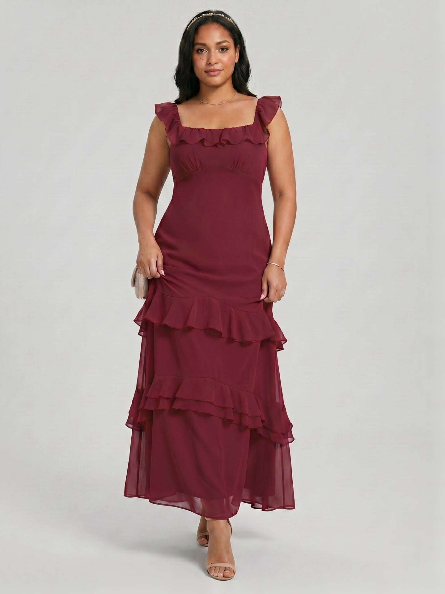 Elegant Cabernet Chiffon mermaid Square Neck Ankle-Length Bridesmaid Dress