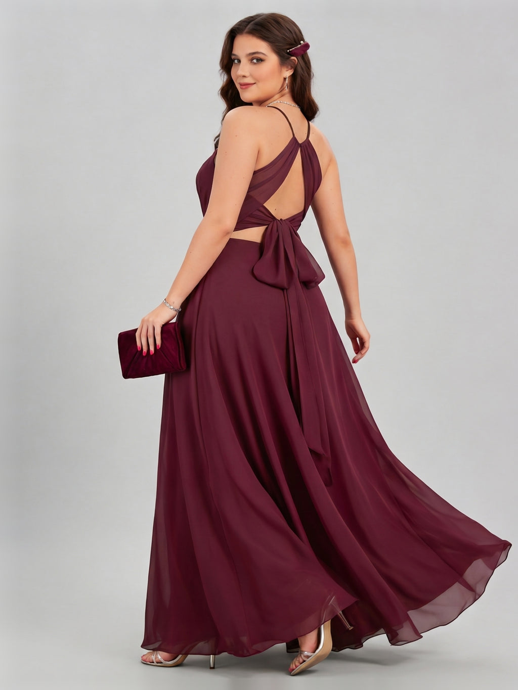 Sweet & Flowy Cabernet Chiffon A-Line Halter neckline Ankle-Length Plus Size Bridesmaid Dress