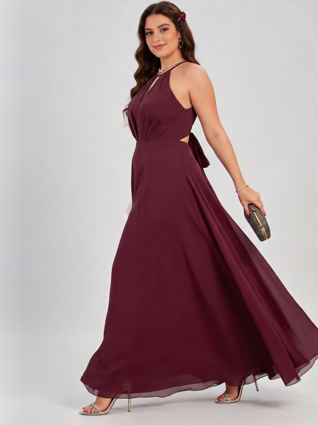 Sweet & Flowy Cabernet Chiffon A-Line Halter neckline Ankle-Length Plus Size Bridesmaid Dress