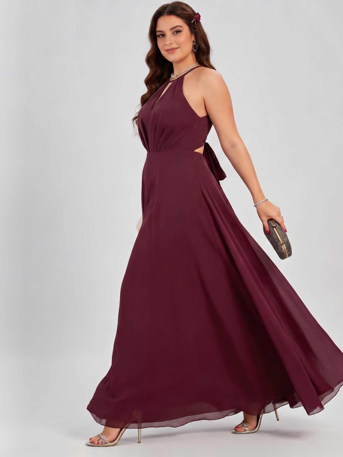 Sweet & Flowy Cabernet Chiffon A-Line Halter neckline Ankle-Length Plus Size Bridesmaid Dress