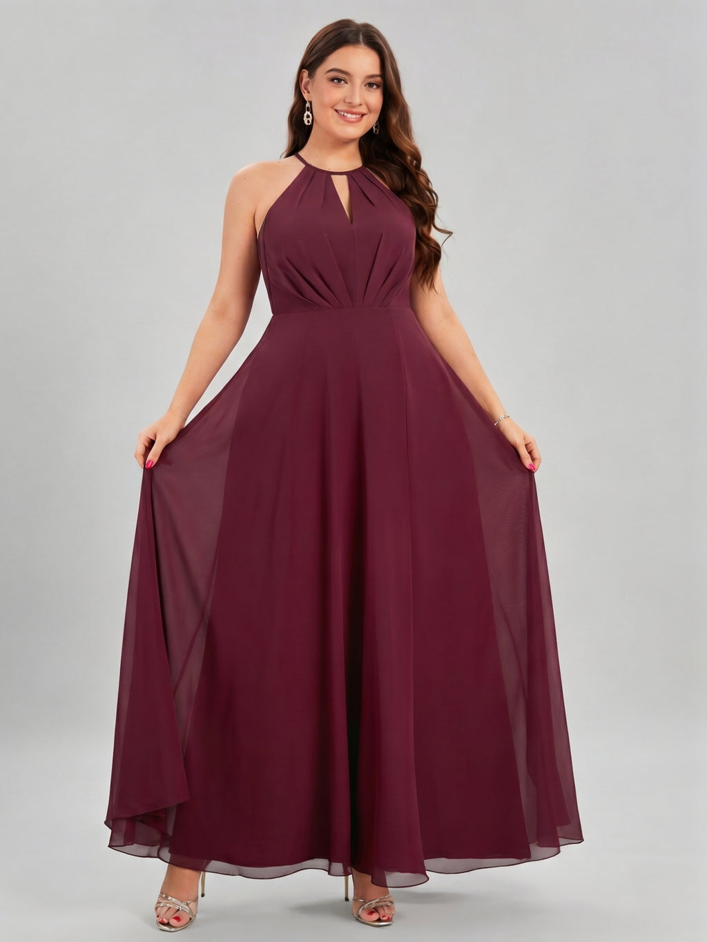 Sweet & Flowy Cabernet Chiffon A-Line Halter neckline Ankle-Length Plus Size Bridesmaid Dress