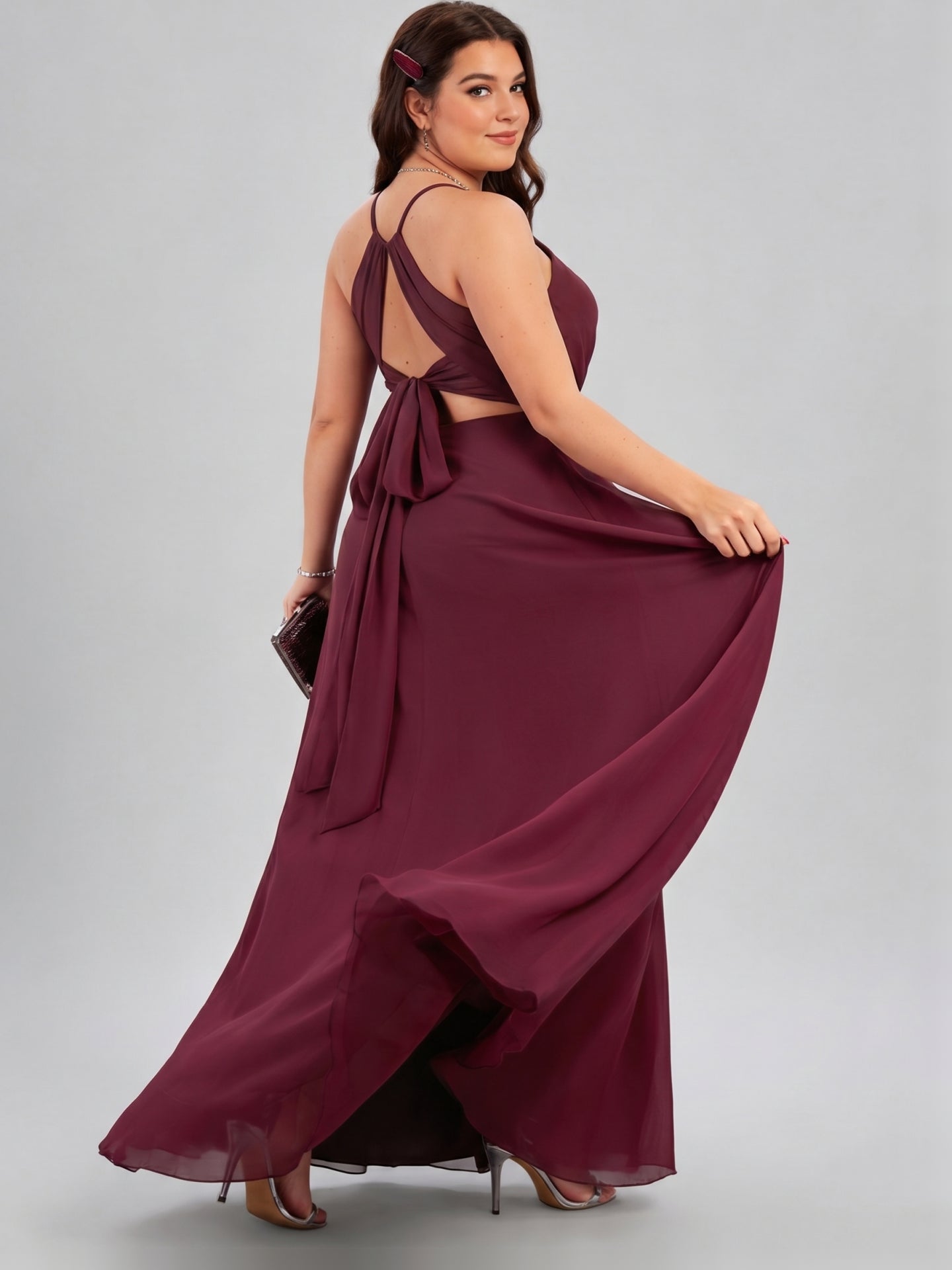 Sweet & Flowy Cabernet Chiffon A-Line Halter neckline Ankle-Length Plus Size Bridesmaid Dress
