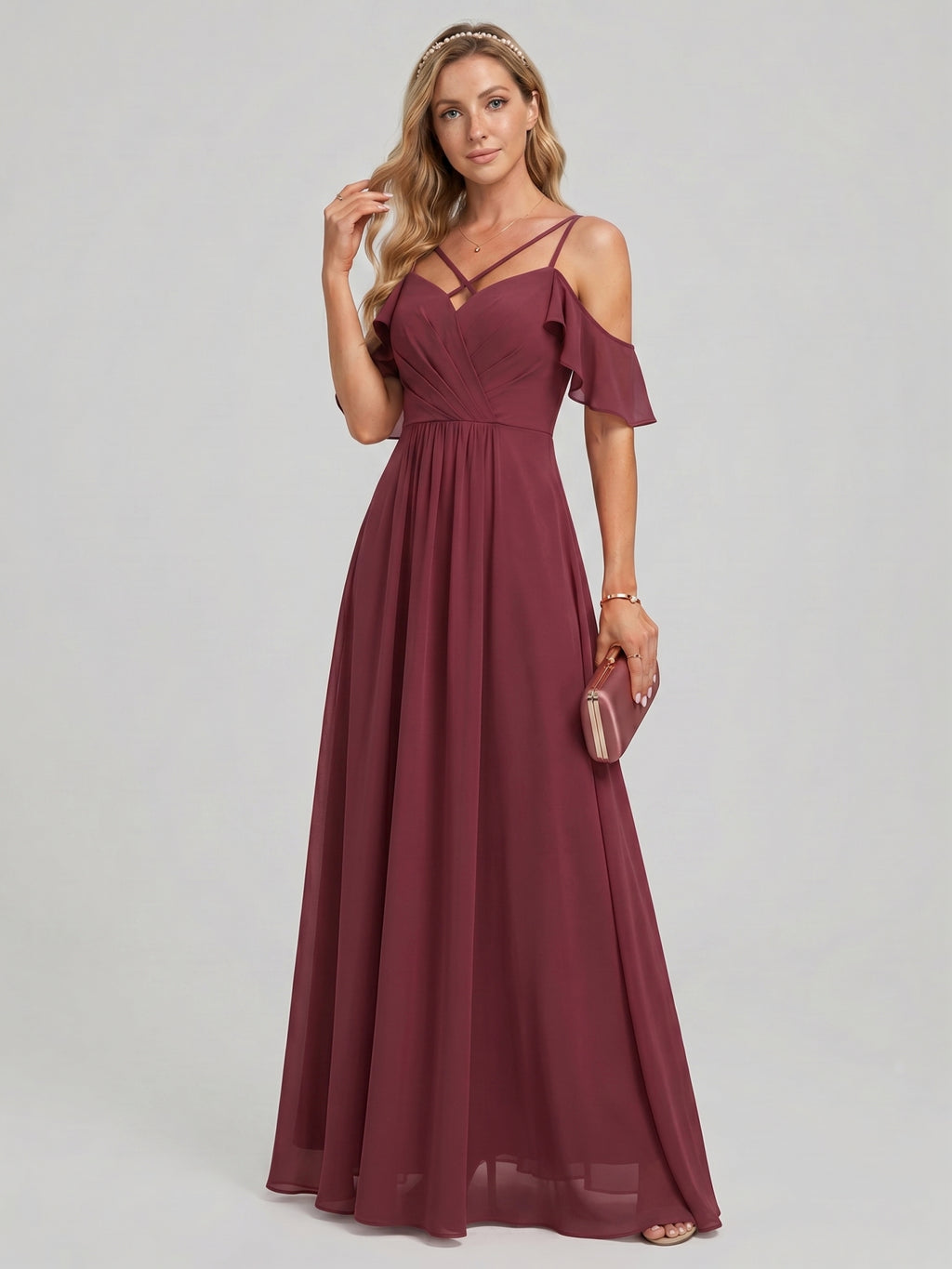 Coquette Cabernet Chiffon A-Line Sweetheart Back Zip Ankle-Length Bridesmaid Dress