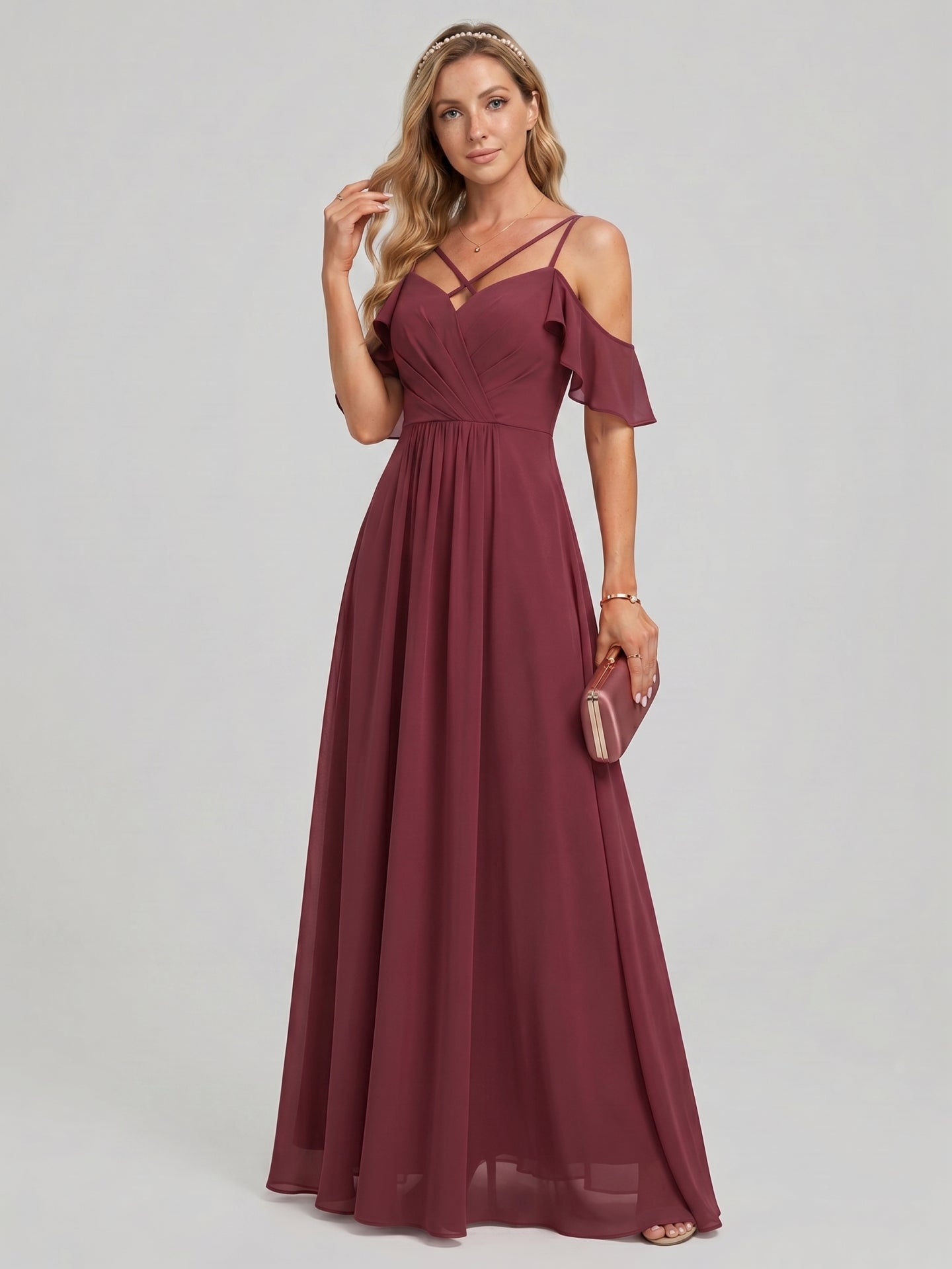 Coquette Cabernet Chiffon A-Line Sweetheart Back Zip Ankle-Length Bridesmaid Dress
