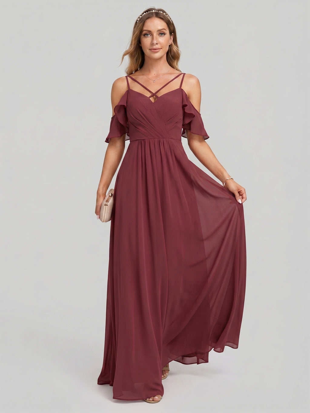 Coquette Cabernet Chiffon A-Line Sweetheart Back Zip Ankle-Length Bridesmaid Dress