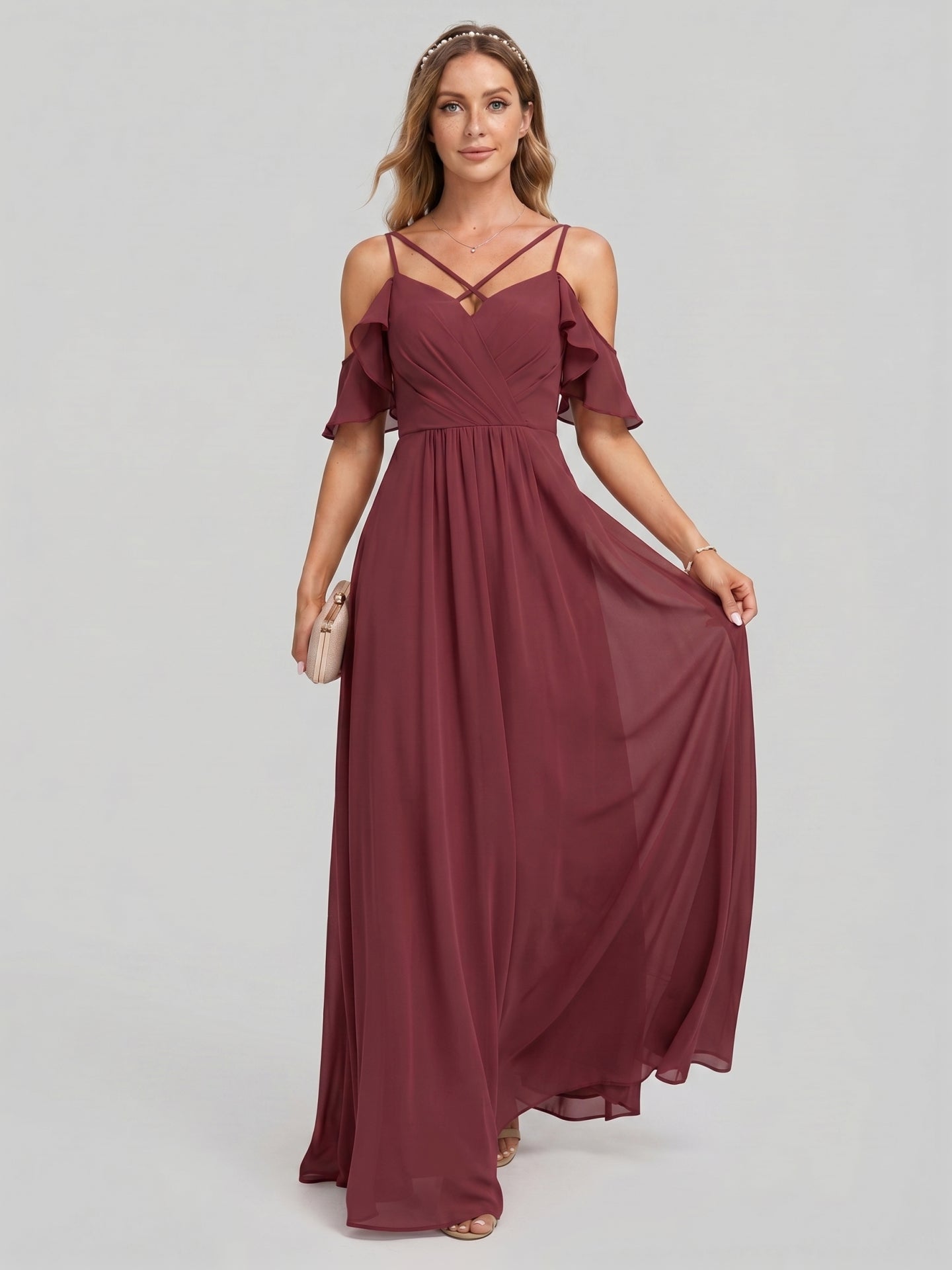 Coquette Cabernet Chiffon A-Line Sweetheart Back Zip Ankle-Length Bridesmaid Dress