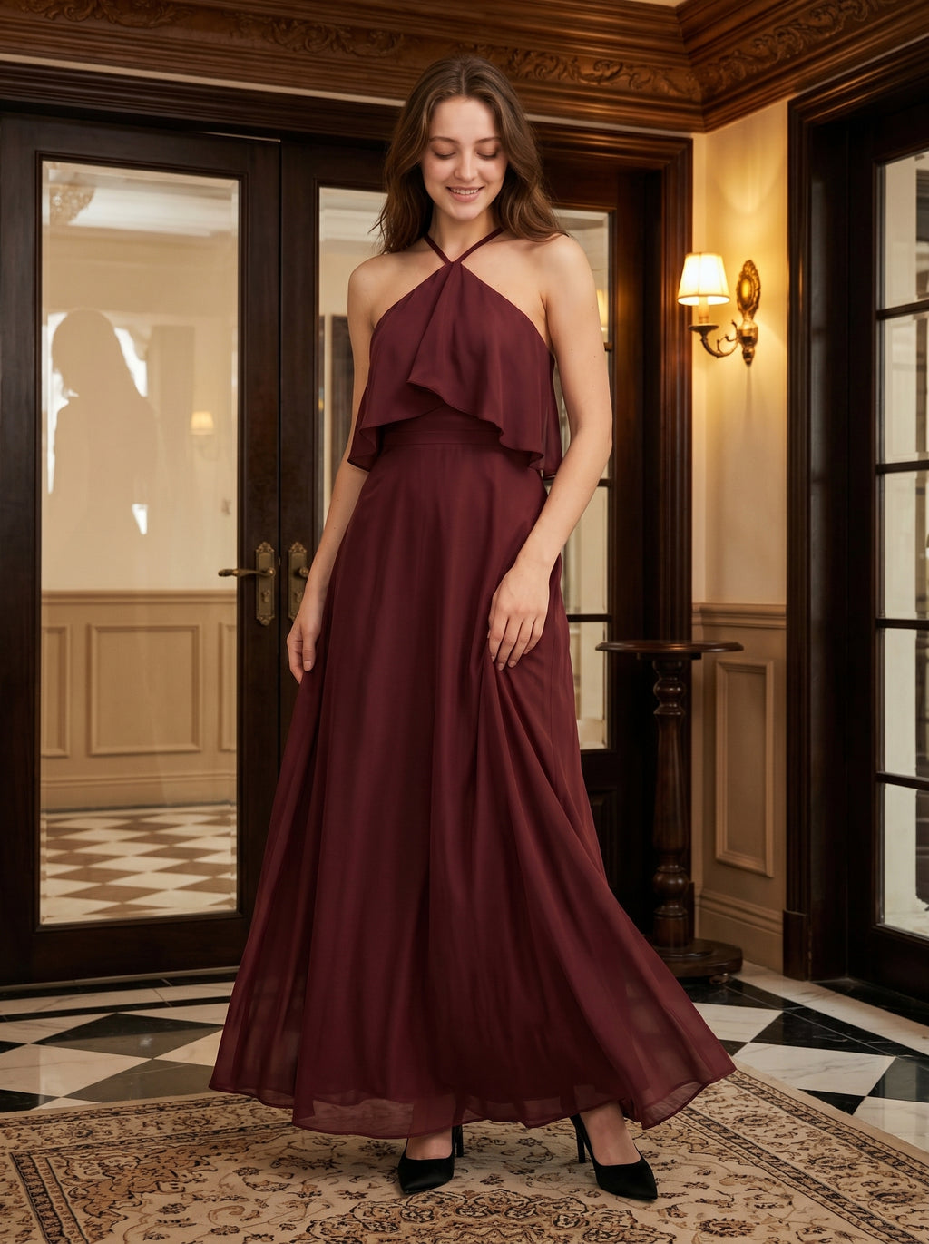 Cabernet Chiffon A-Line Halter Back Zip Floor-Length Bridesmaid Dress with Ruffle