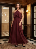 Cabernet Chiffon A-Line Halter Back Zip Floor-Length Bridesmaid Dress with Ruffle