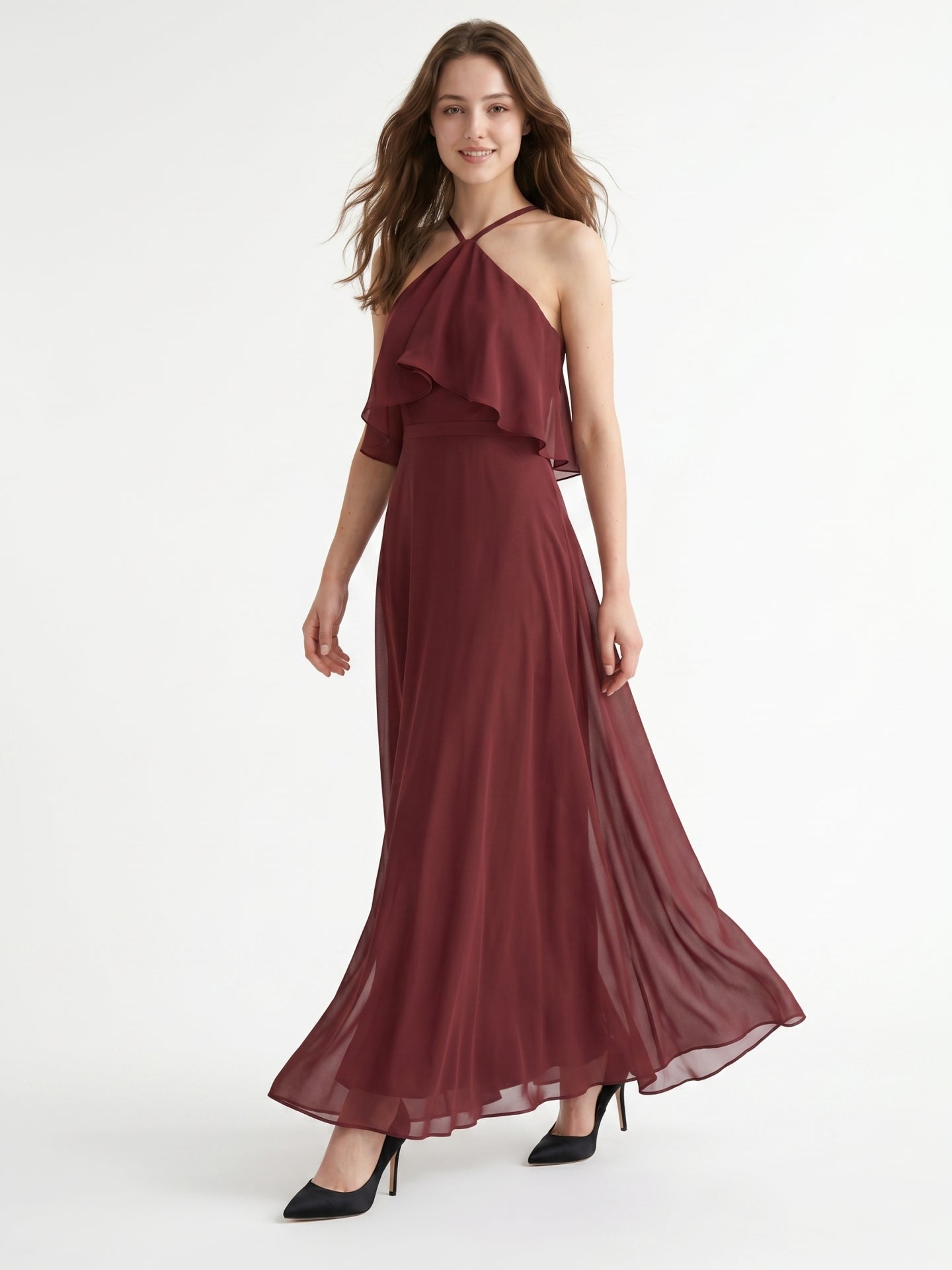 Cabernet Chiffon A-Line Halter Back Zip Floor-Length Bridesmaid Dress with Ruffle