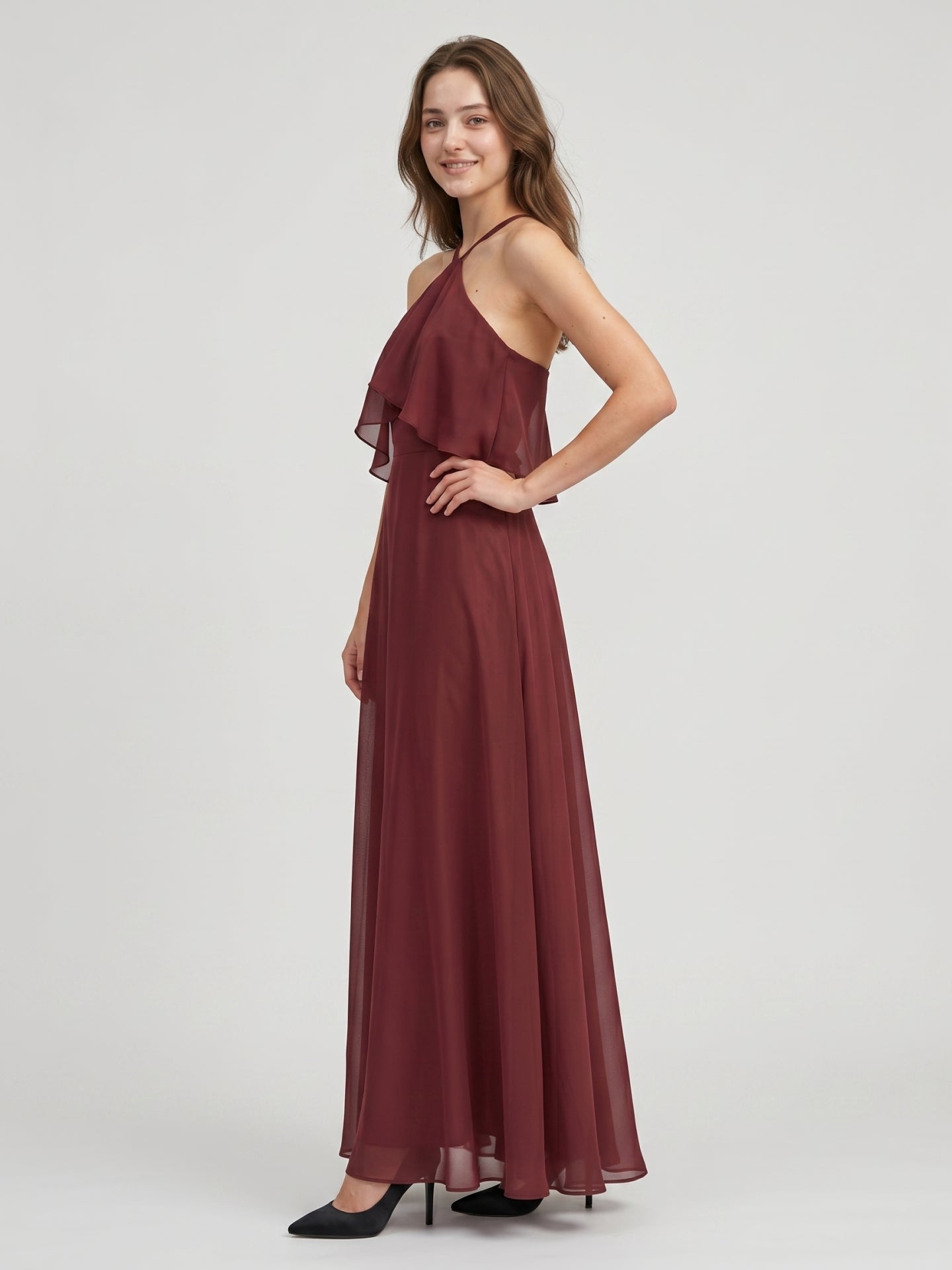 Cabernet Chiffon A-Line Halter Back Zip Floor-Length Bridesmaid Dress with Ruffle