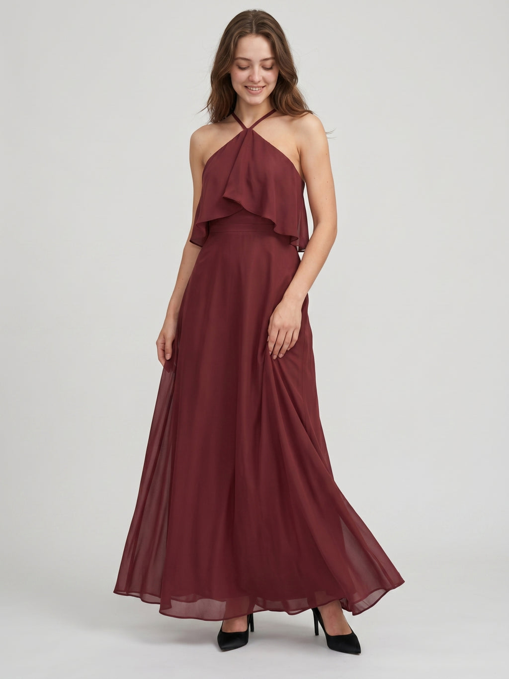 Cabernet Chiffon A-Line Halter Back Zip Floor-Length Bridesmaid Dress with Ruffle