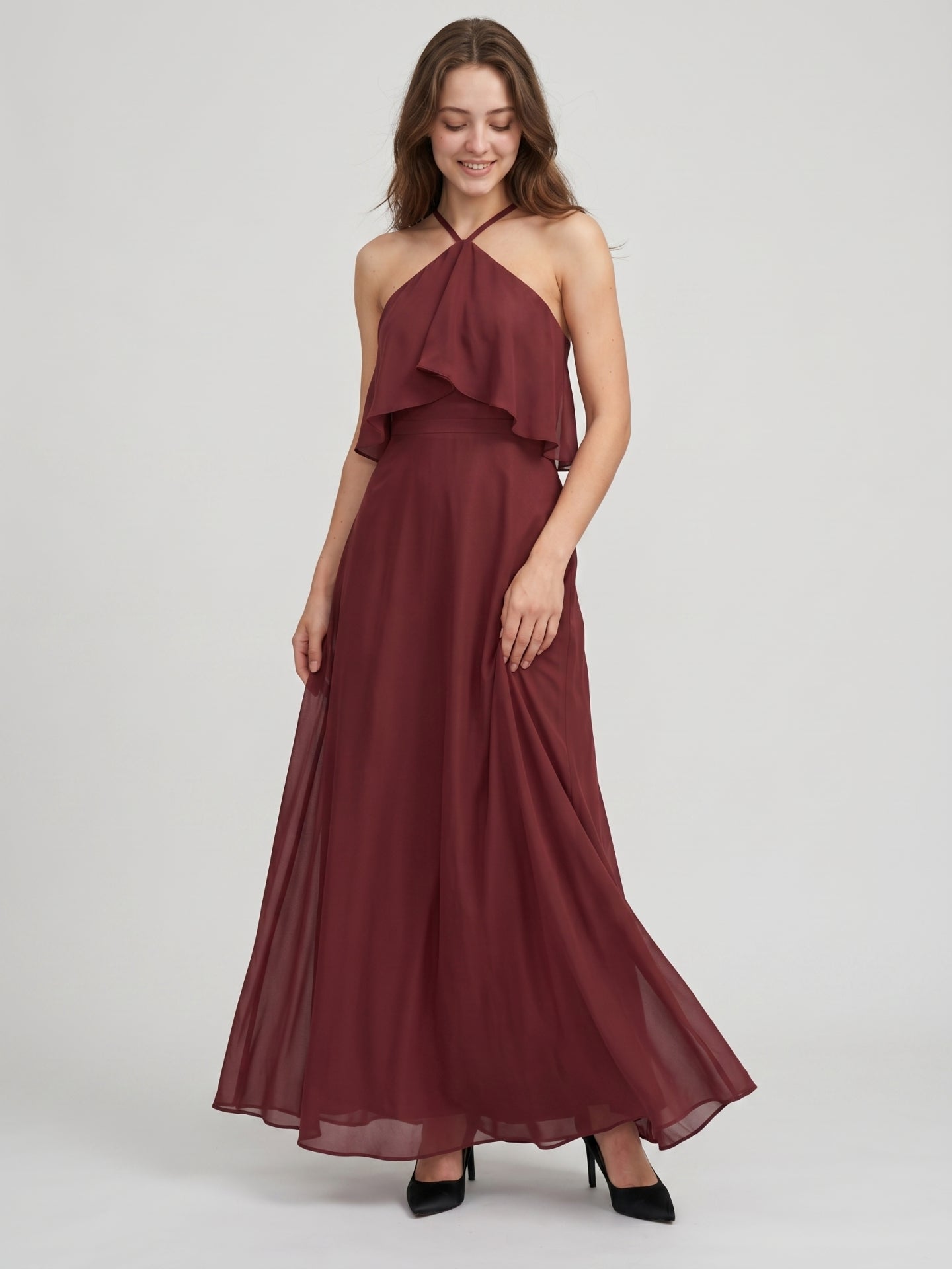 Cabernet Chiffon A-Line Halter Back Zip Floor-Length Bridesmaid Dress with Ruffle