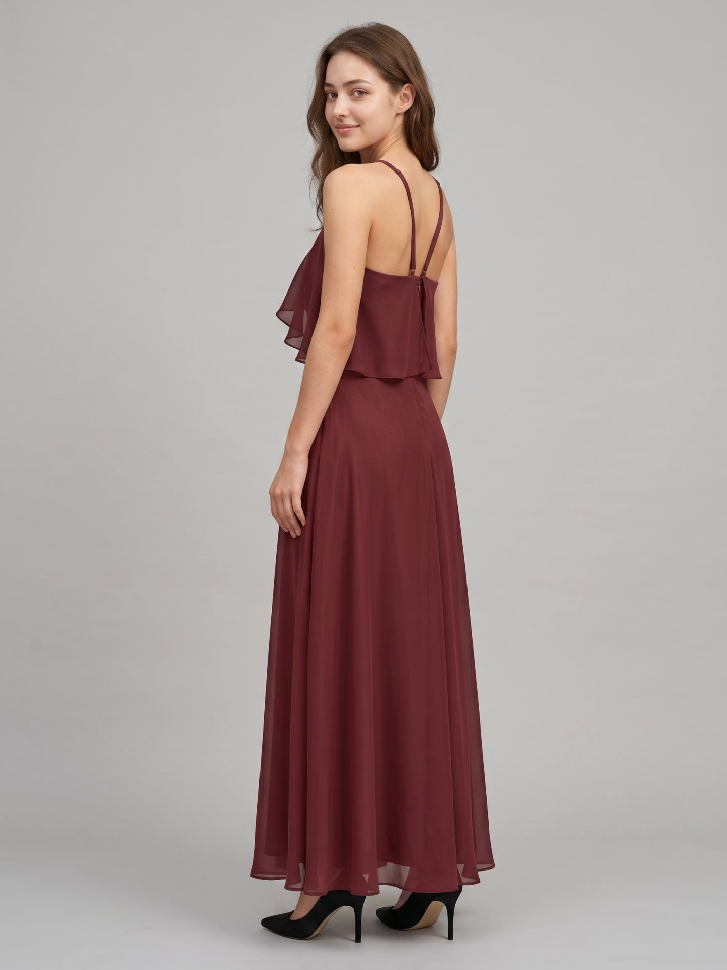 Cabernet Chiffon A-Line Halter Back Zip Floor-Length Bridesmaid Dress with Ruffle