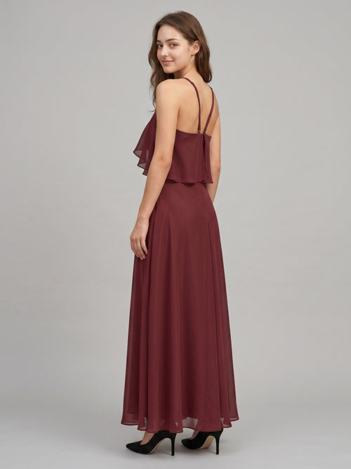 Cabernet Chiffon A-Line Halter Back Zip Floor-Length Bridesmaid Dress with Ruffle