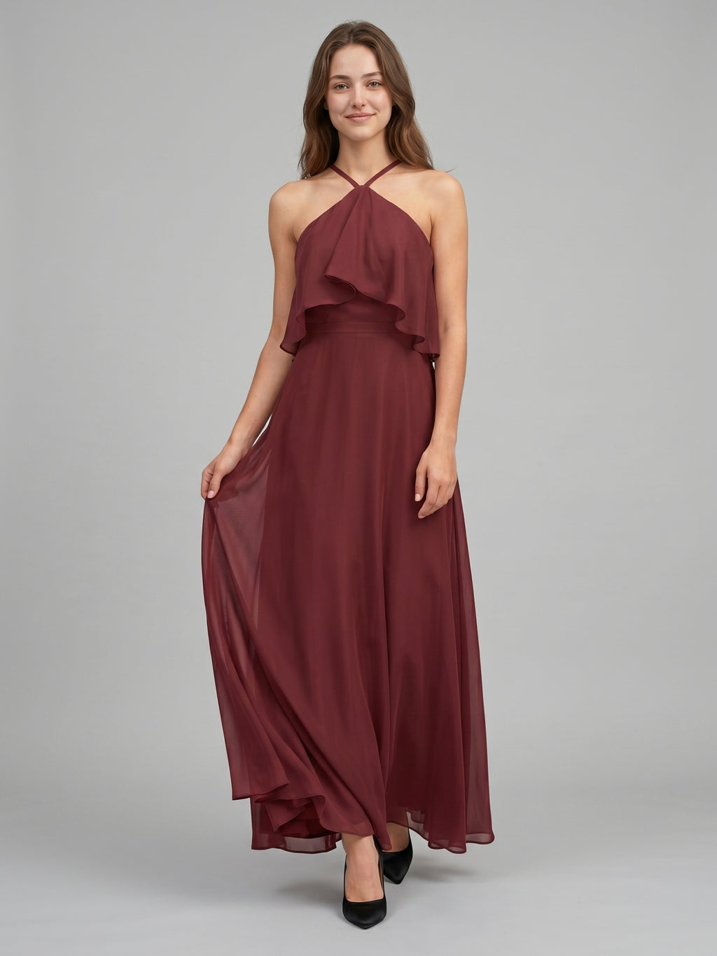 Cabernet Chiffon A-Line Halter Back Zip Floor-Length Bridesmaid Dress with Ruffle