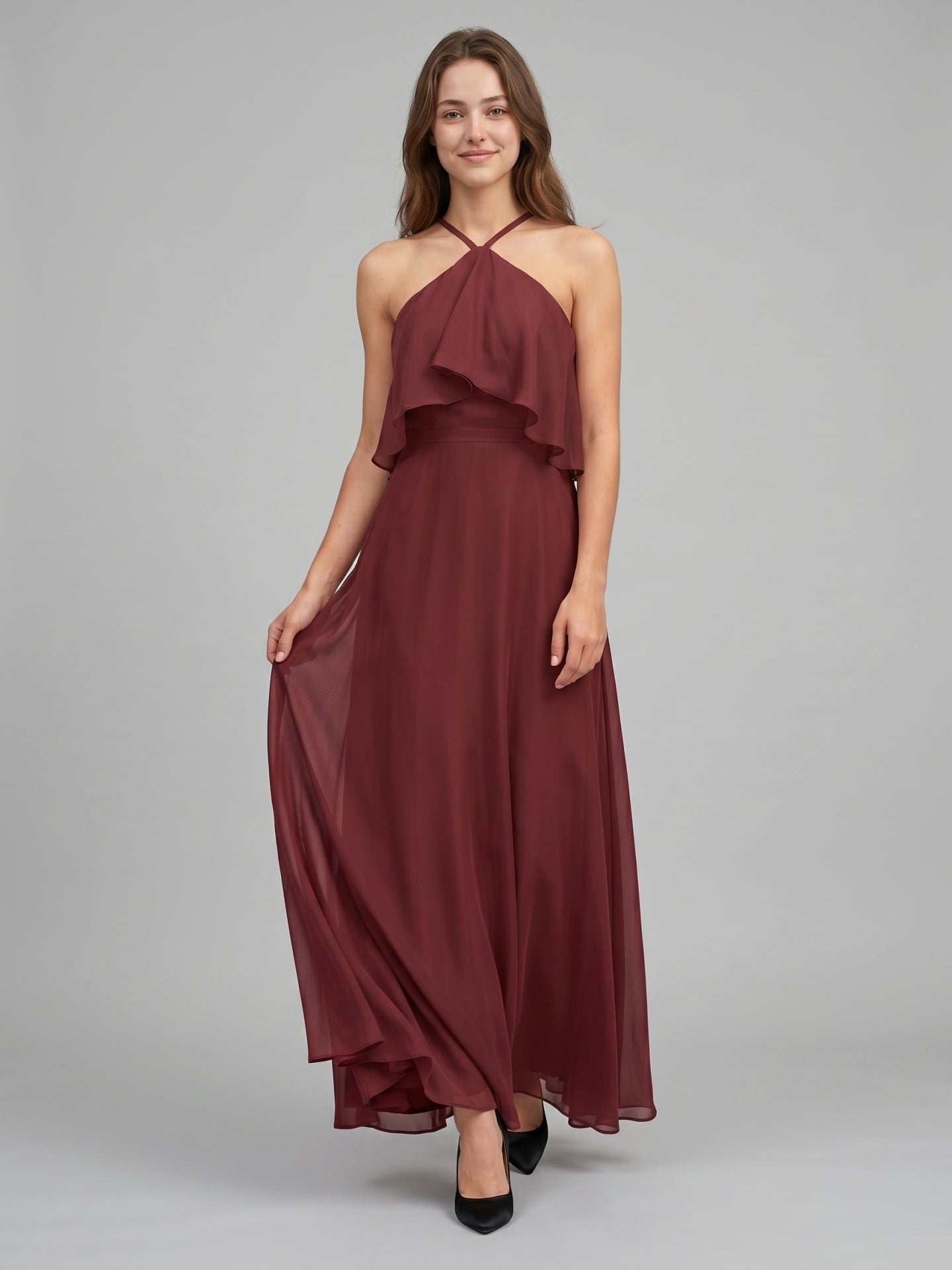 Cabernet Chiffon A-Line Halter Back Zip Floor-Length Bridesmaid Dress with Ruffle