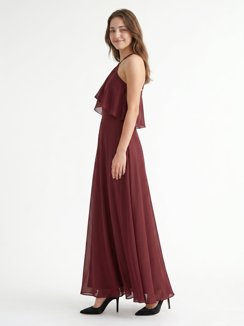 Cabernet Chiffon A-Line Halter Back Zip Floor-Length Bridesmaid Dress with Ruffle