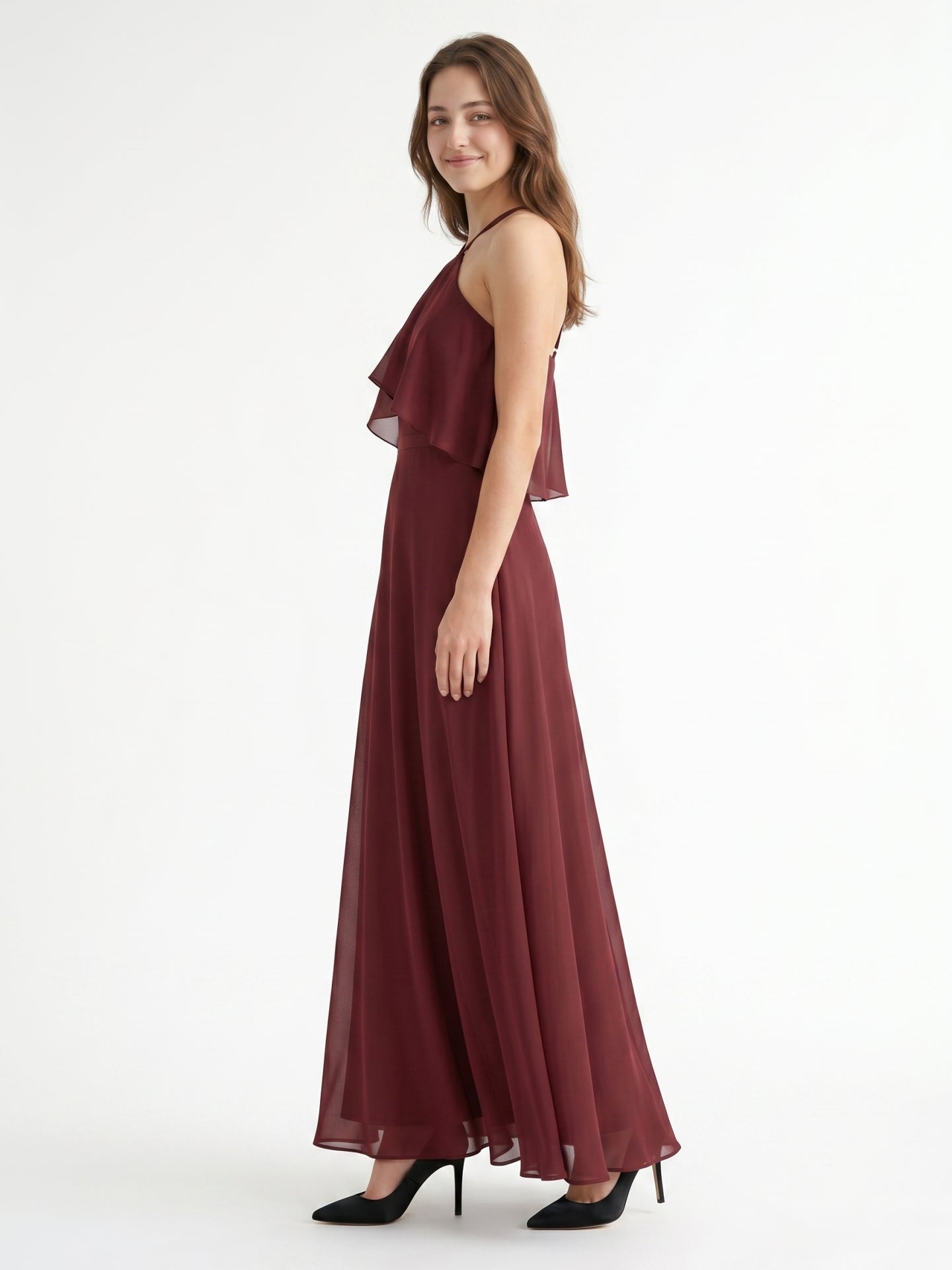 Cabernet Chiffon A-Line Halter Back Zip Floor-Length Bridesmaid Dress with Ruffle