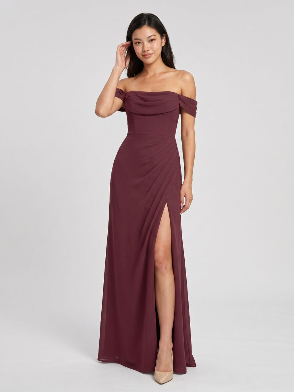 Cabernet Chiffon A-Line Off-the-Shoulder Back Zip Floor-Length Bridesmaid Dress with Pleating