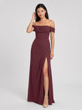 Cabernet Chiffon A-Line Off-the-Shoulder Back Zip Floor-Length Bridesmaid Dress with Pleating