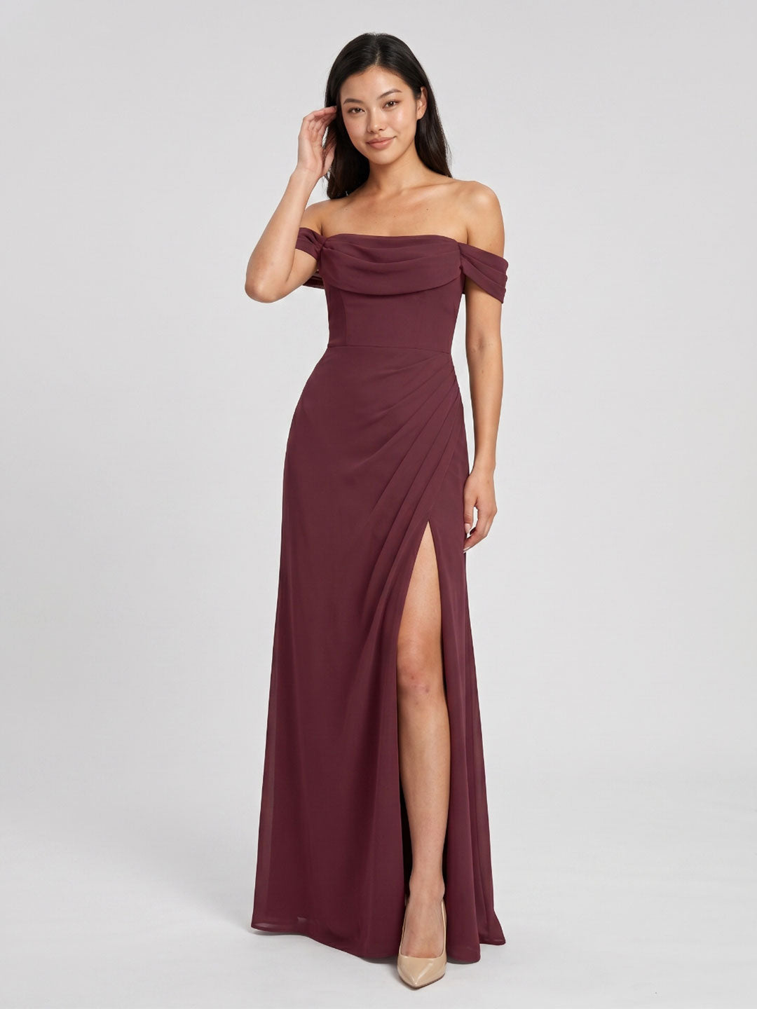 Cabernet Chiffon A-Line Off-the-Shoulder Back Zip Floor-Length Bridesmaid Dress with Pleating