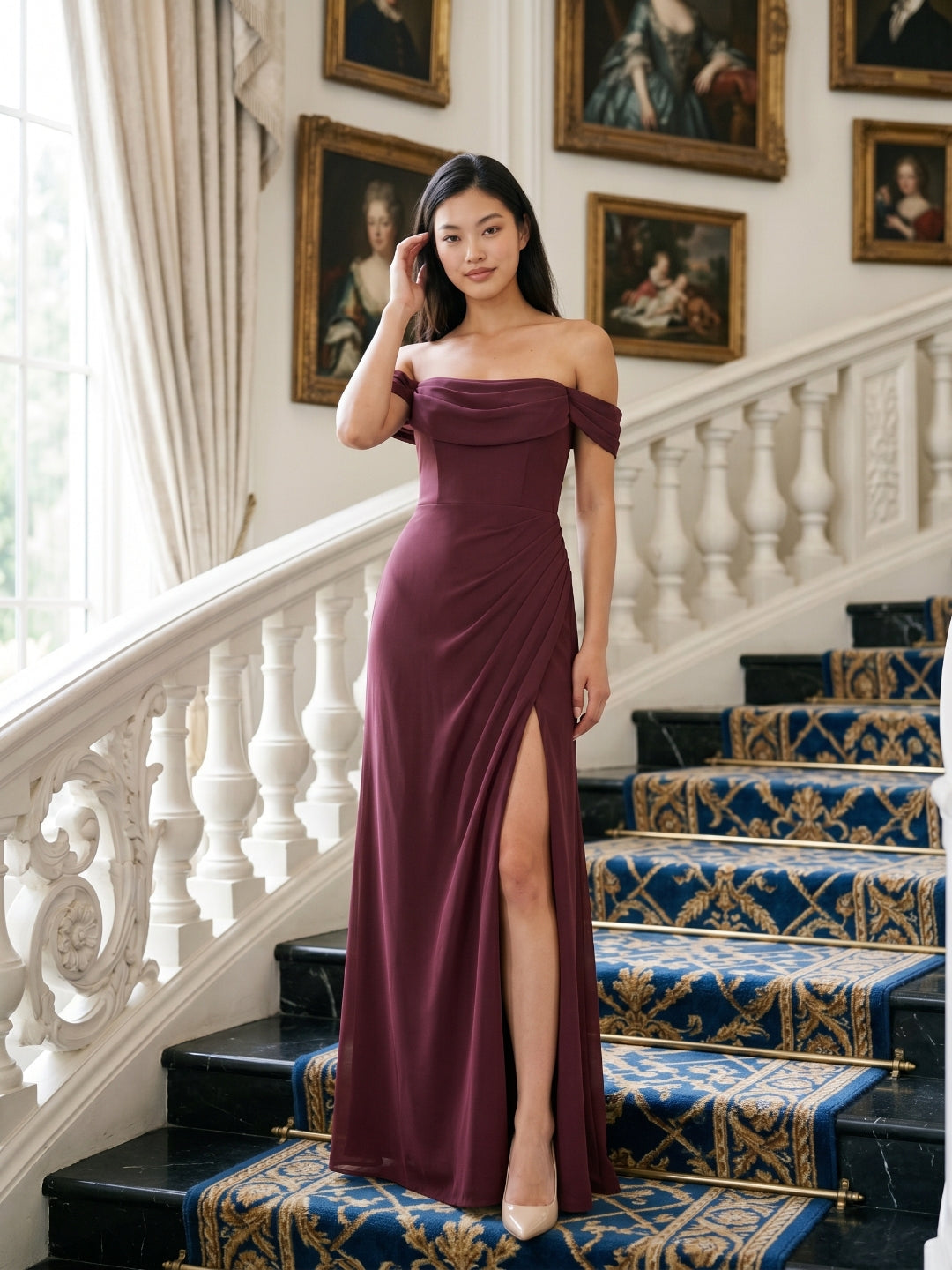 Cabernet Chiffon A-Line Off-the-Shoulder Back Zip Floor-Length Bridesmaid Dress with Pleating