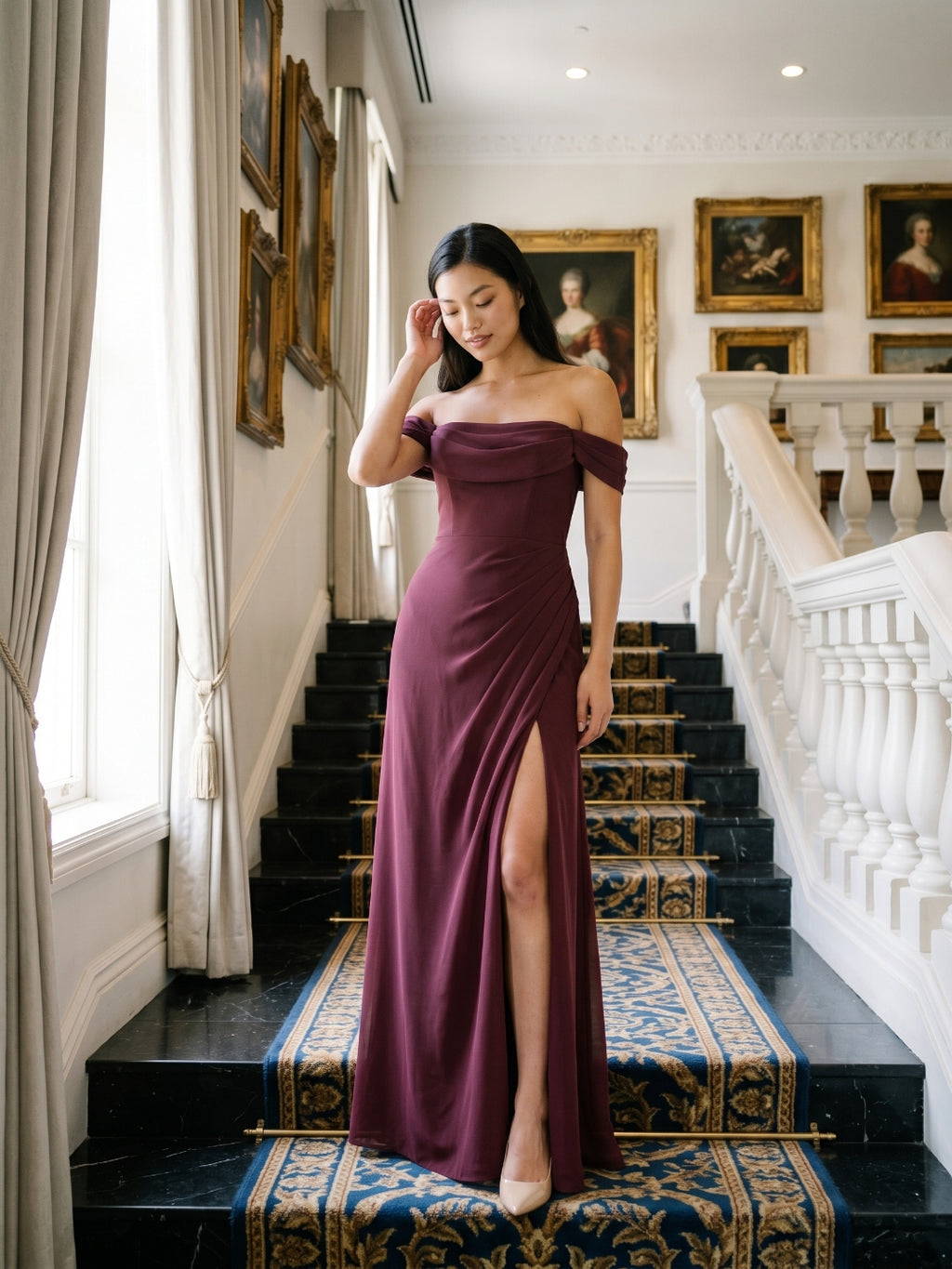 Cabernet Chiffon A-Line Off-the-Shoulder Back Zip Floor-Length Bridesmaid Dress with Pleating