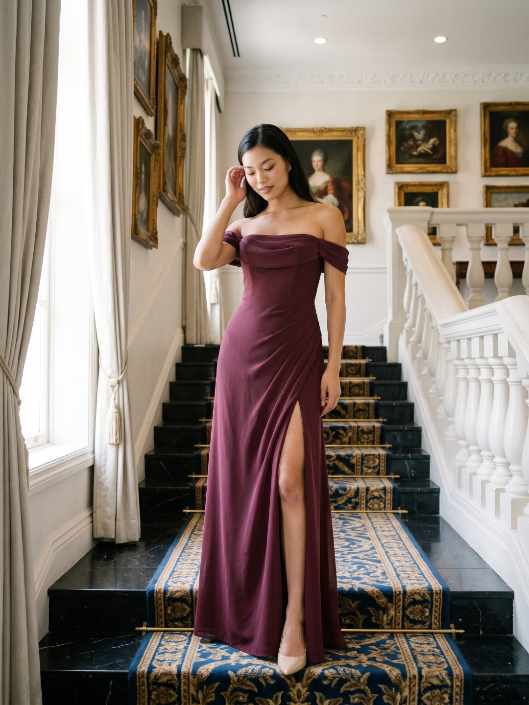 Cabernet Chiffon A-Line Off-the-Shoulder Back Zip Floor-Length Bridesmaid Dress with Pleating