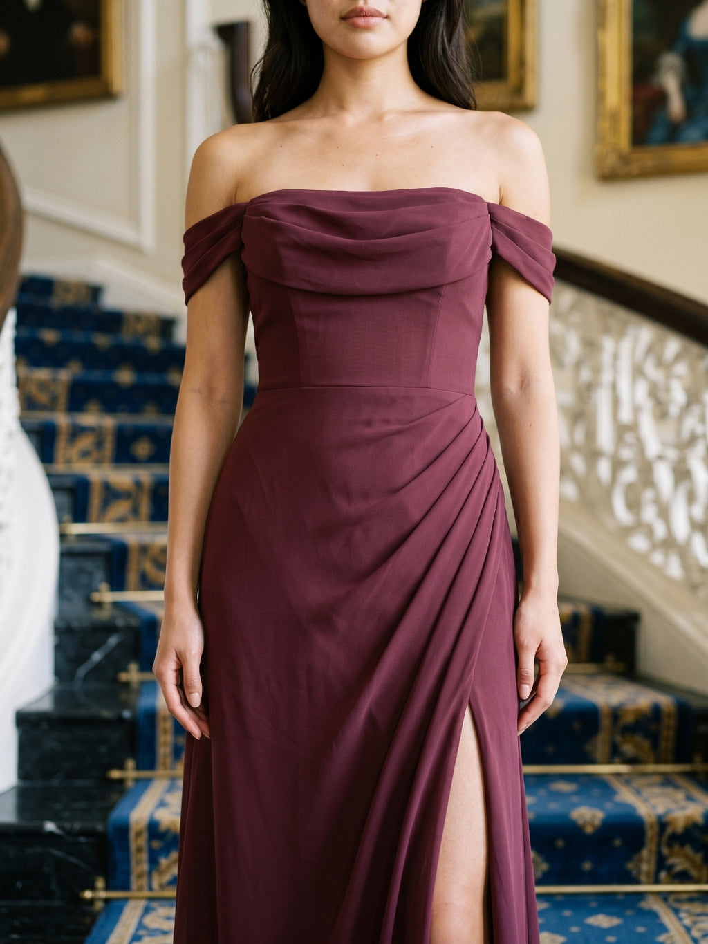 Cabernet Chiffon A-Line Off-the-Shoulder Back Zip Floor-Length Bridesmaid Dress with Pleating