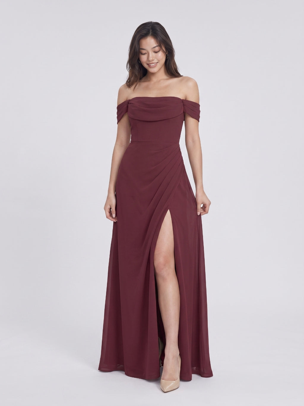 Cabernet Chiffon A-Line Off-the-Shoulder Back Zip Floor-Length Bridesmaid Dress with Pleating