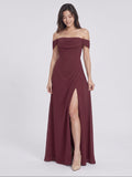 Cabernet Chiffon A-Line Off-the-Shoulder Back Zip Floor-Length Bridesmaid Dress with Pleating