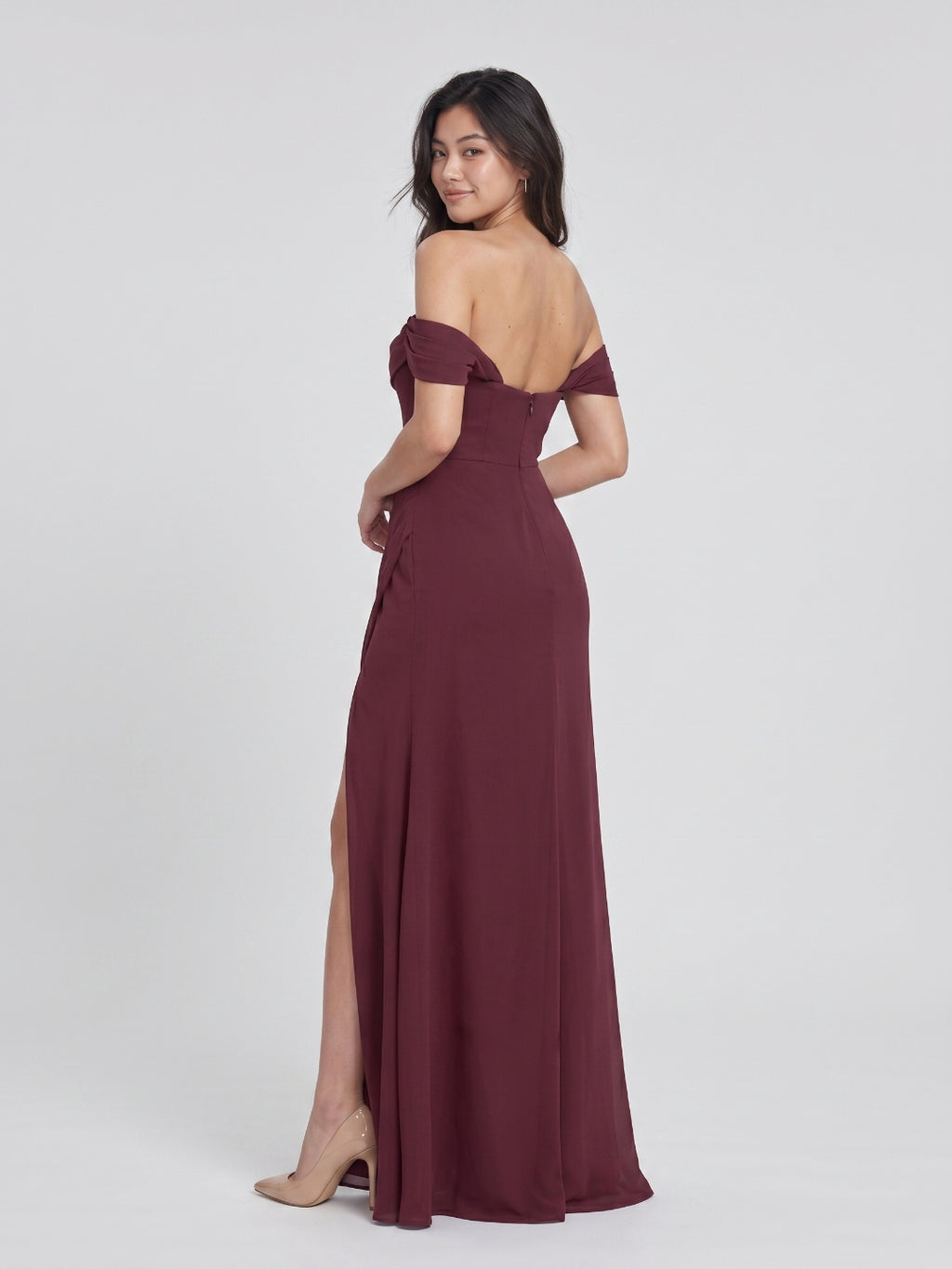 Cabernet Chiffon A-Line Off-the-Shoulder Back Zip Floor-Length Bridesmaid Dress with Pleating