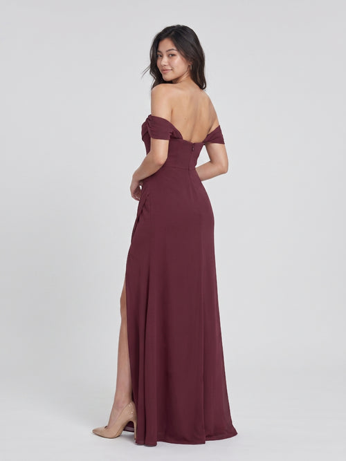 Cabernet Chiffon A-Line Off-the-Shoulder Back Zip Floor-Length Bridesmaid Dress with Pleating