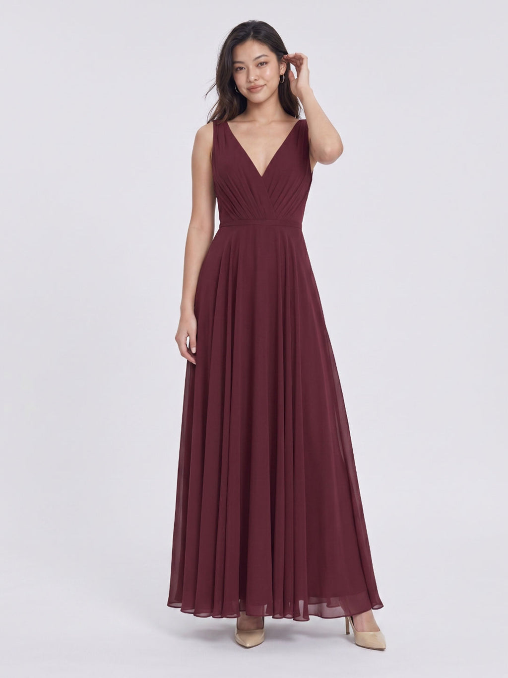 Cabernet Chiffon A-Line V-Neck V-Back Floor-Length Bridesmaid Dress with Pleating