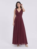 Cabernet Chiffon A-Line V-Neck V-Back Floor-Length Bridesmaid Dress with Pleating