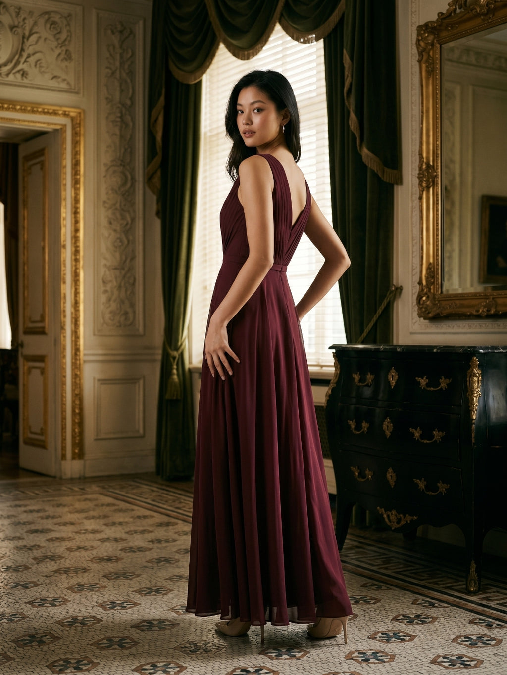 Cabernet Chiffon A-Line V-Neck V-Back Floor-Length Bridesmaid Dress with Pleating