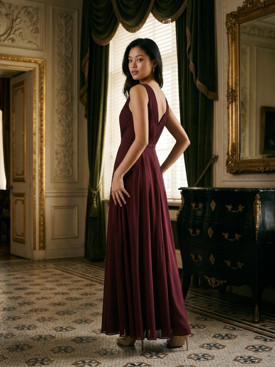 Cabernet Chiffon A-Line V-Neck V-Back Floor-Length Bridesmaid Dress with Pleating