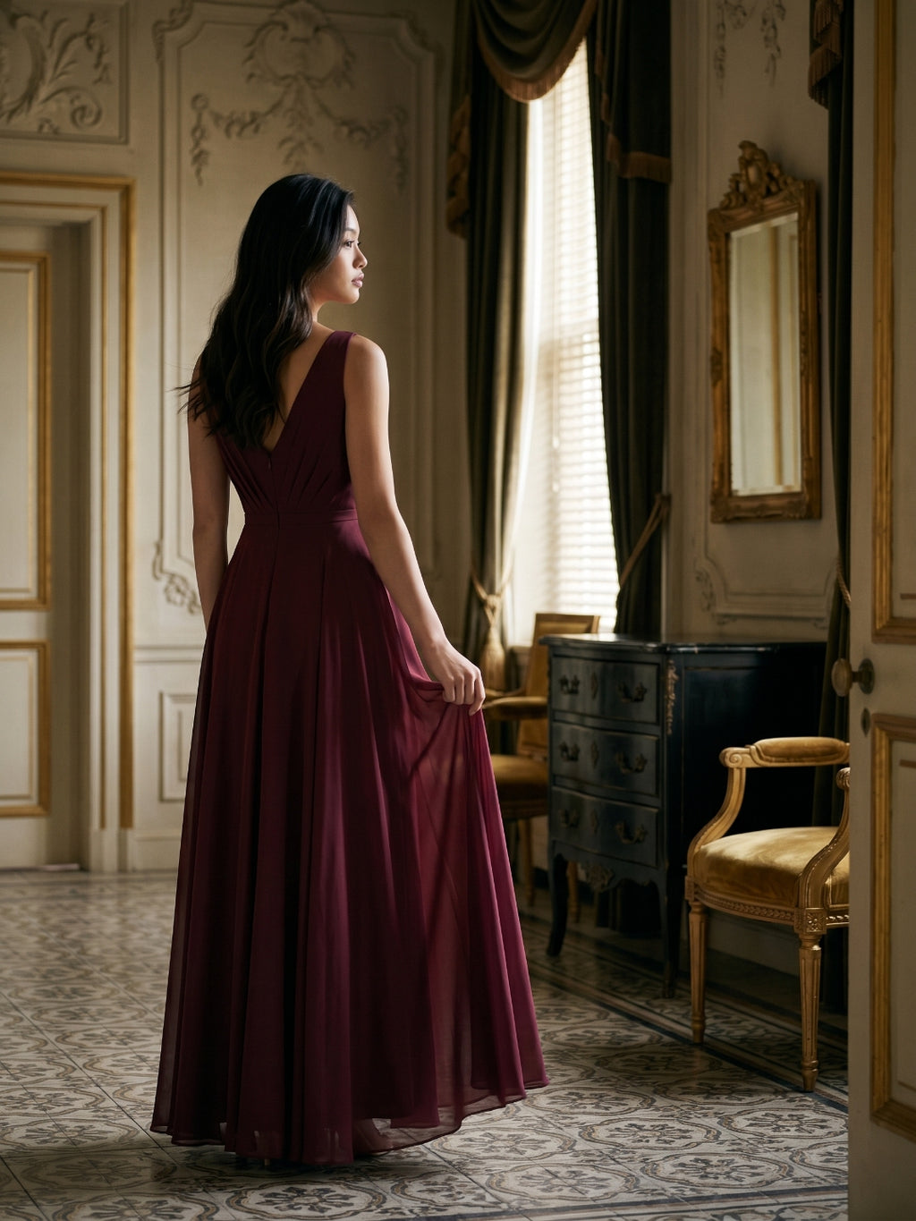 Cabernet Chiffon A-Line V-Neck V-Back Floor-Length Bridesmaid Dress with Pleating