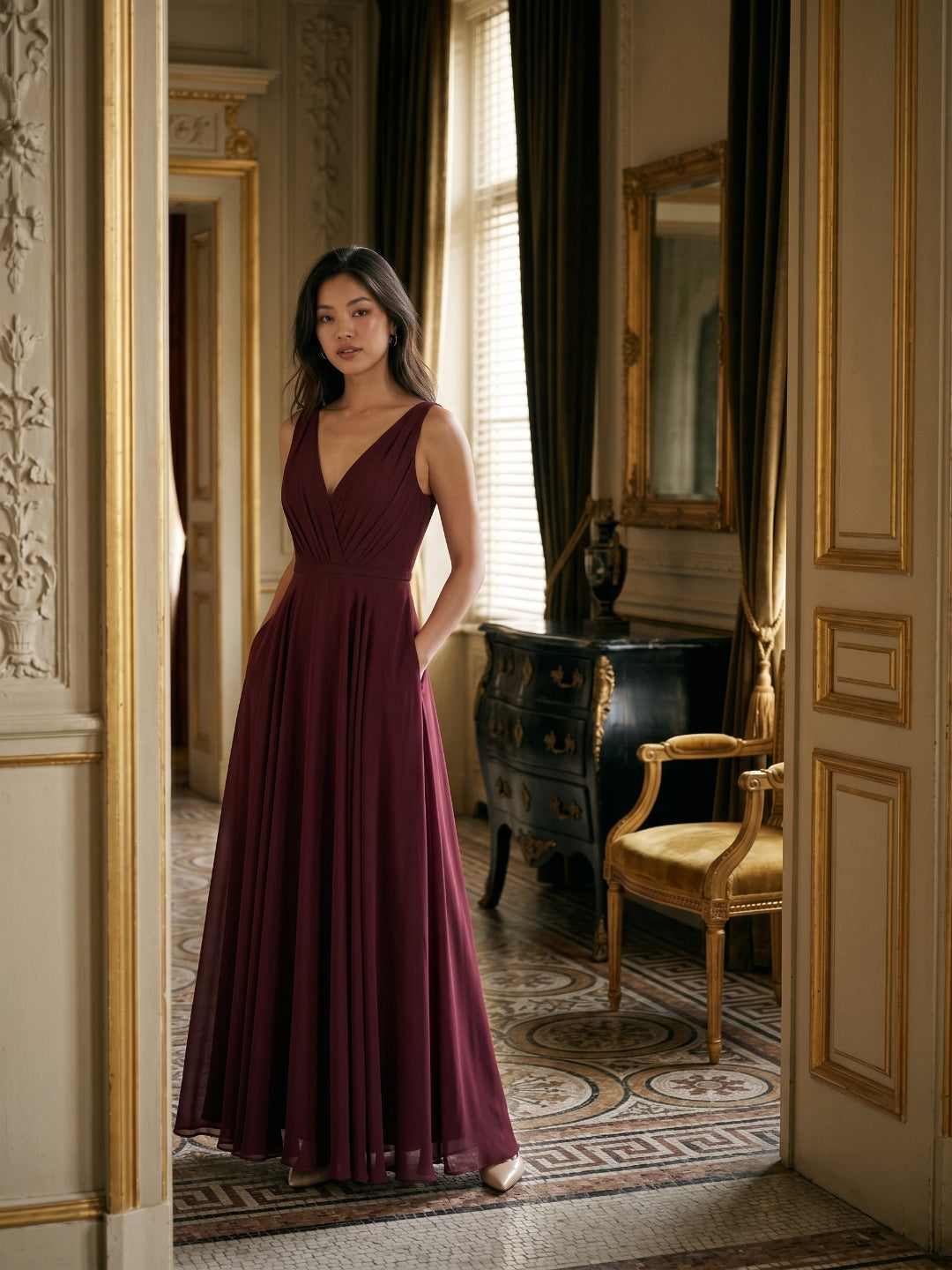Cabernet Chiffon A-Line V-Neck V-Back Floor-Length Bridesmaid Dress with Pleating