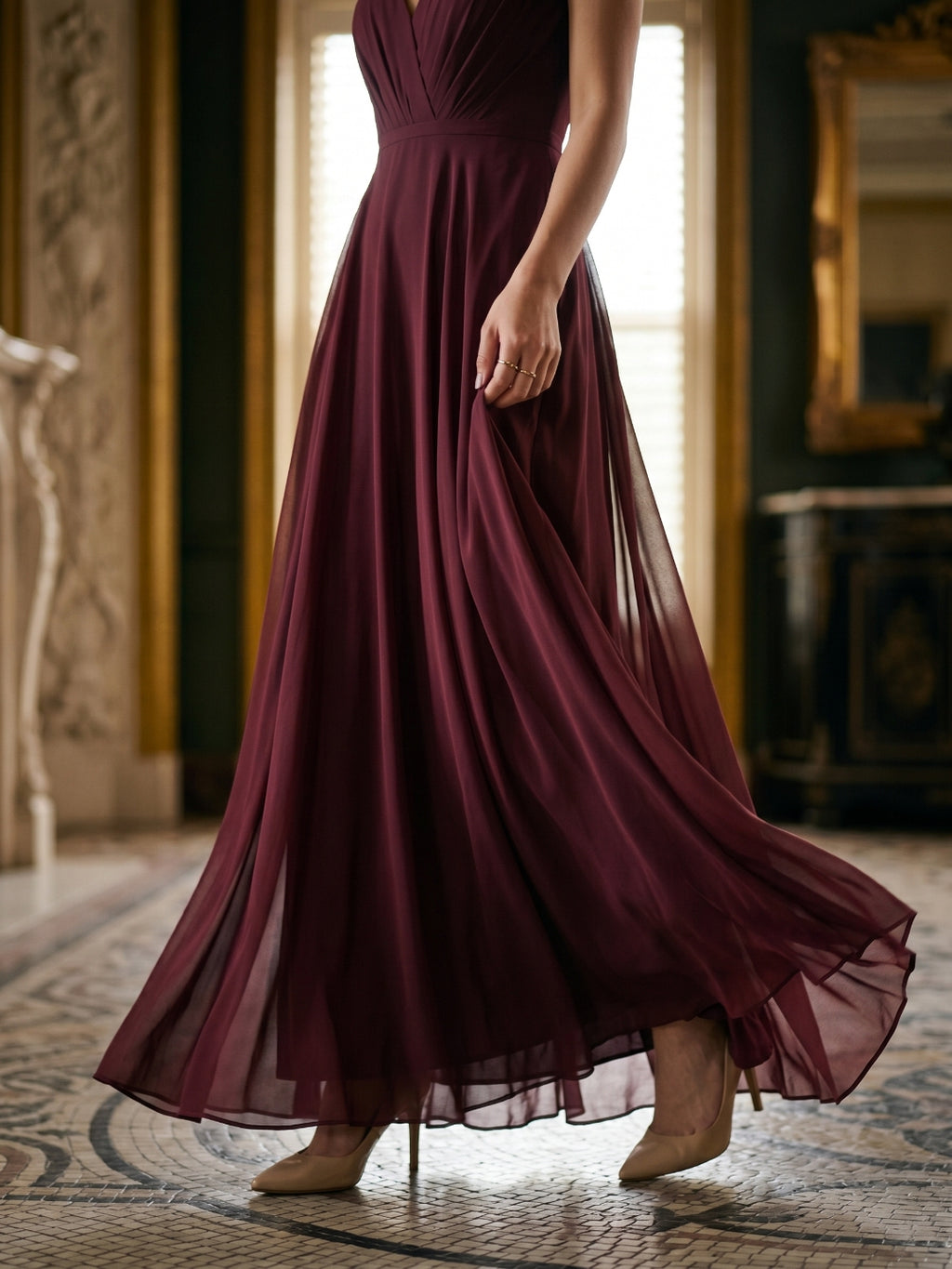 Cabernet Chiffon A-Line V-Neck V-Back Floor-Length Bridesmaid Dress with Pleating