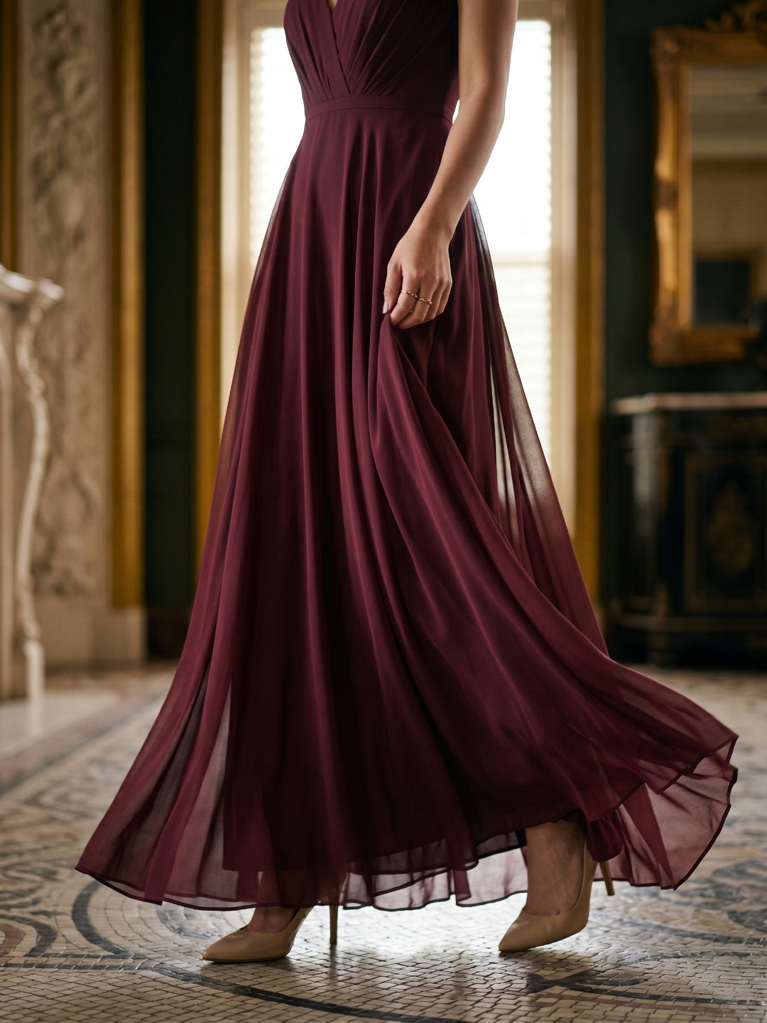 Cabernet Chiffon A-Line V-Neck V-Back Floor-Length Bridesmaid Dress with Pleating