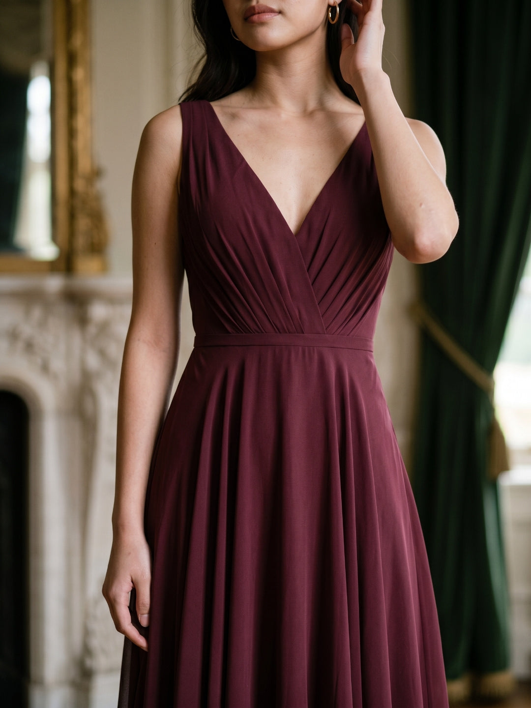 Cabernet Chiffon A-Line V-Neck V-Back Floor-Length Bridesmaid Dress with Pleating